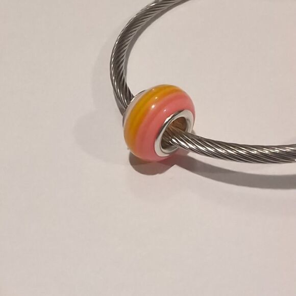 Silver Yellow Striped Charm for Pandora Style Bracelet‎ - Picture 3 of 4